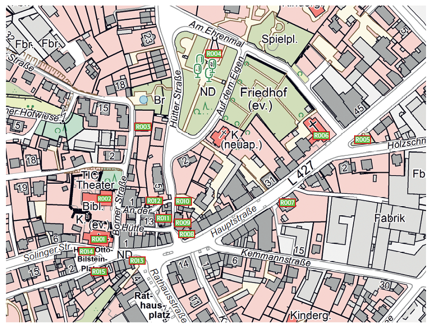 Plan der Stationen des historischen Stadtrundgangs