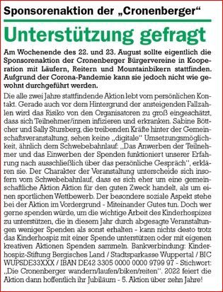 "Unterstützung gefragt - Sponsorenaktion der 'Cronenberger'" aus Cronenberger Anzeiger vom 19.08.2020
