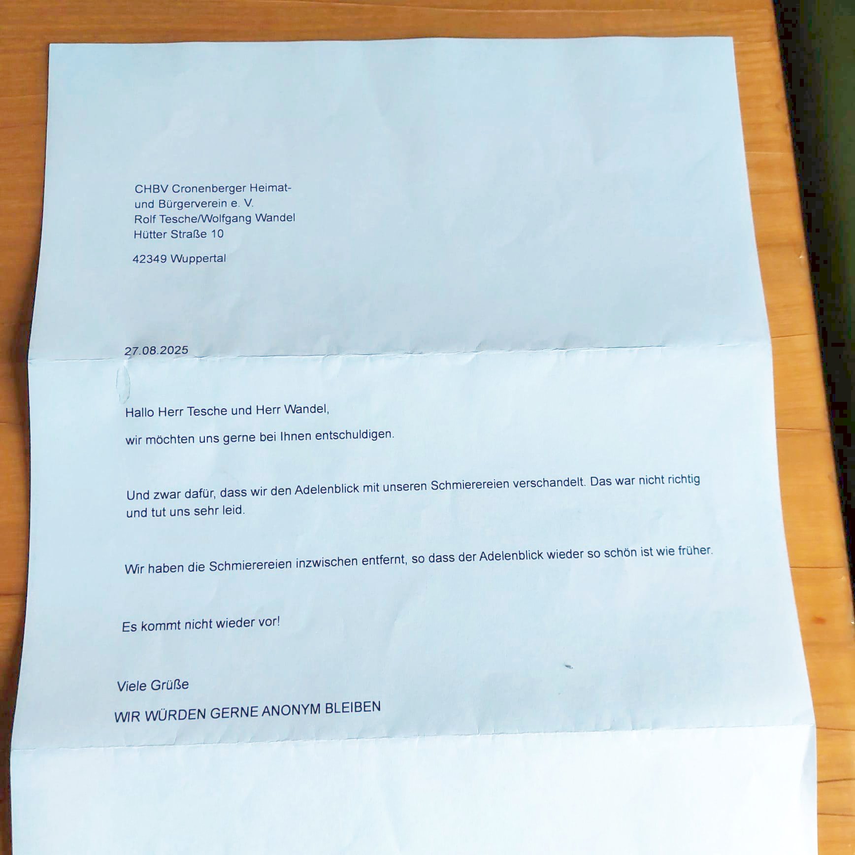 Anonymer Entschuldigungsbrief zu den Adelenblick-Schmierereien