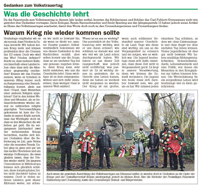 Gedenken zum Volkstrauertag - Artikel im Cronenberger Anzeiger vom 18.11.2020
