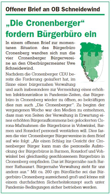 Offener Brief an OB Schneidewind - Cronenberger Anzeiger vom 24.02.2021