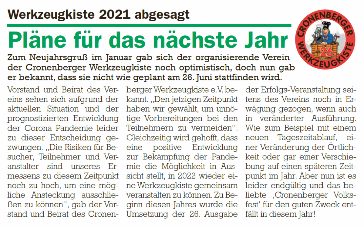 Werkzeugkiste 2021 abgesagt - Artikel im Cronenberger Anzeiger vom 10.03.2021