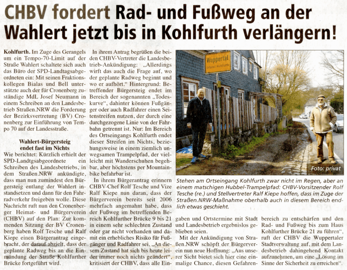 Artikelbild 'CHBV fordert: Rad- und Fußweg an der Wahlert jetzt bis in Kohlfurth verlängern'