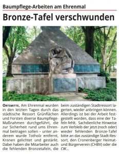Presseartikel zu "Baumpflege-Arbeiten am Ehrenmal - Bronze-Tafel verschwunden"