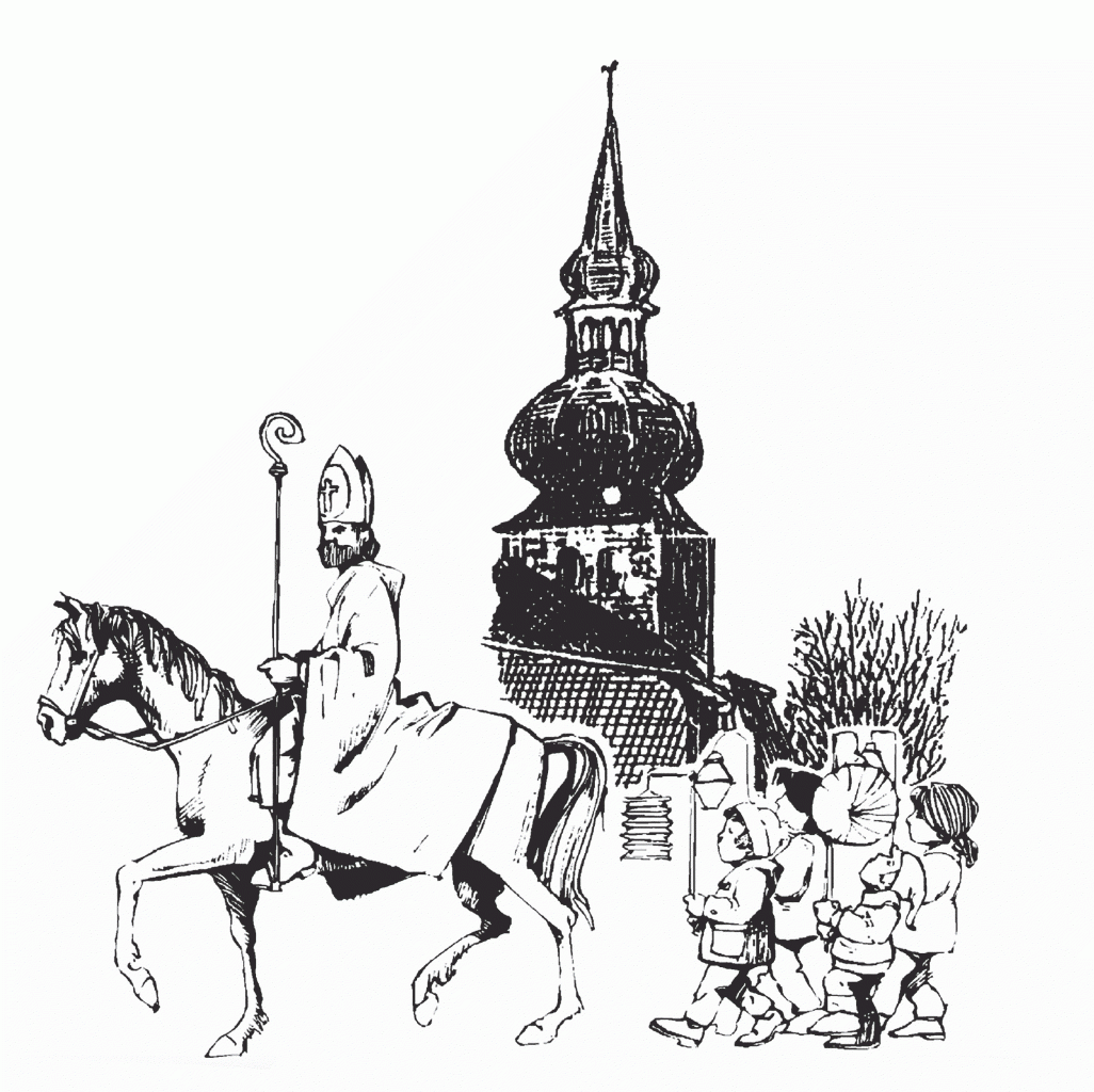 Sankt Martin auf dem Pferd, hinter ihm Kinder mit Laternen