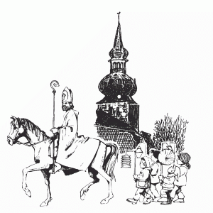 Sankt Martin auf dem Pferd, hinter ihm Kinder mit Laternen