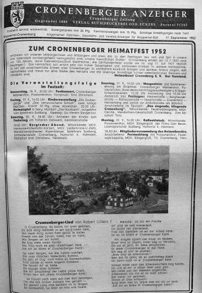 Programm des Cronenberger Heimatfestes 1952